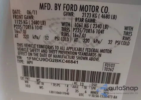 2011 Ford Escape Xlt из США, поврежденный, VIN 1FMCU9DG2BKC46841